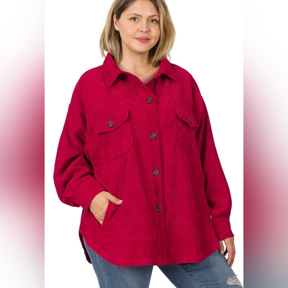 Corduroy Button Front Shacket Red - Picture 2 of 2